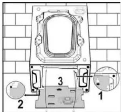 Technical diagram of a mechanical component with numbered parts and directional arrows, set against a brick wall background.