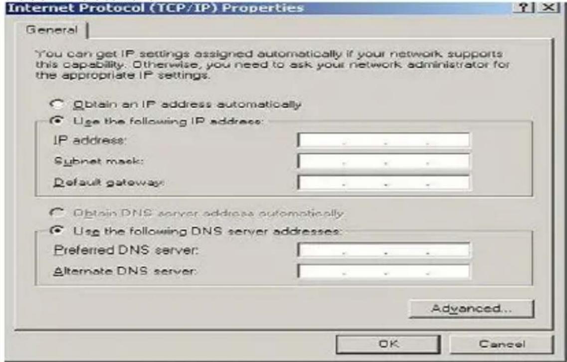 Internet Protocol (TCP/IP) Properties General You can get IP settings assigned automatically if your network supports this capability. Otherwise, you need to ask your network administrator for the appropriate IP settings. Obtain an IP address automatically Use the following IP address: IP address: .... Subnet mask: .... Default gateway: .... Obtain DNS server address automatically Use the following DNS server addresses: Preferred DNS server: .... Alternate DNS server: .... Advanced... OK Cancel