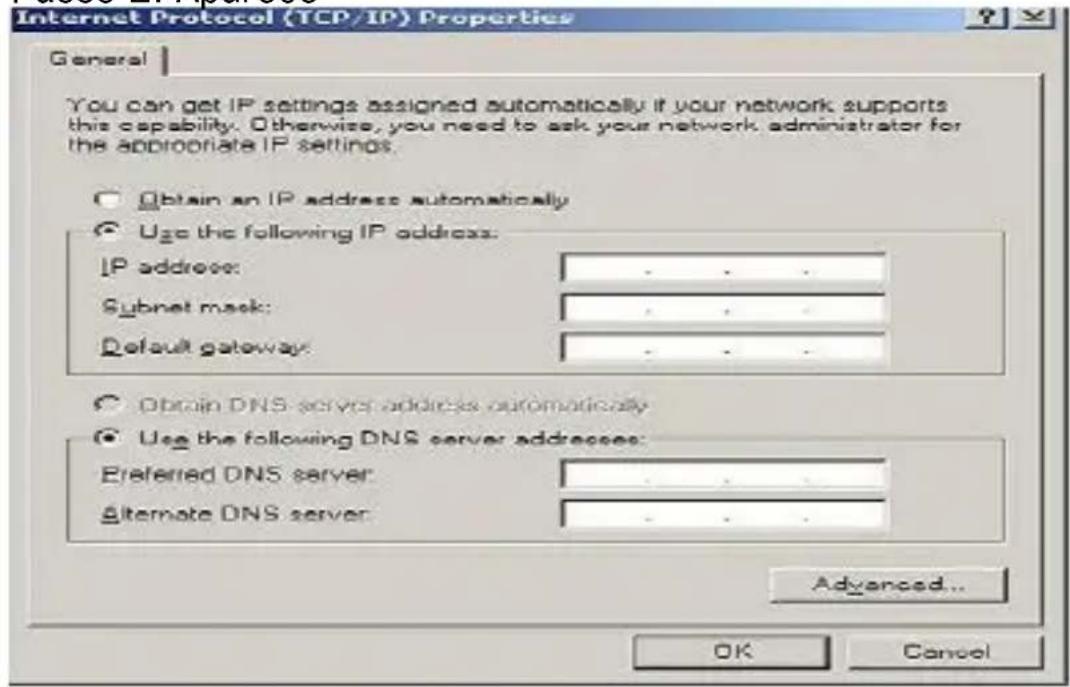 Internet Protocol (TCP/IP) Properties General You can get IP settings assigned automatically if your network supports this capability. Otherwise, you need to ask your network administrator for the appropriate IP settings. Obtain an IP address automatically Use the following IP address: IP address: .... Subnet mask: .... Default gateway: .... Obtain DNS server addresses automatically Use the following DNS server addresses: Preferred DNS server: .... Alternate DNS server: .... Advanced... OK Cancel