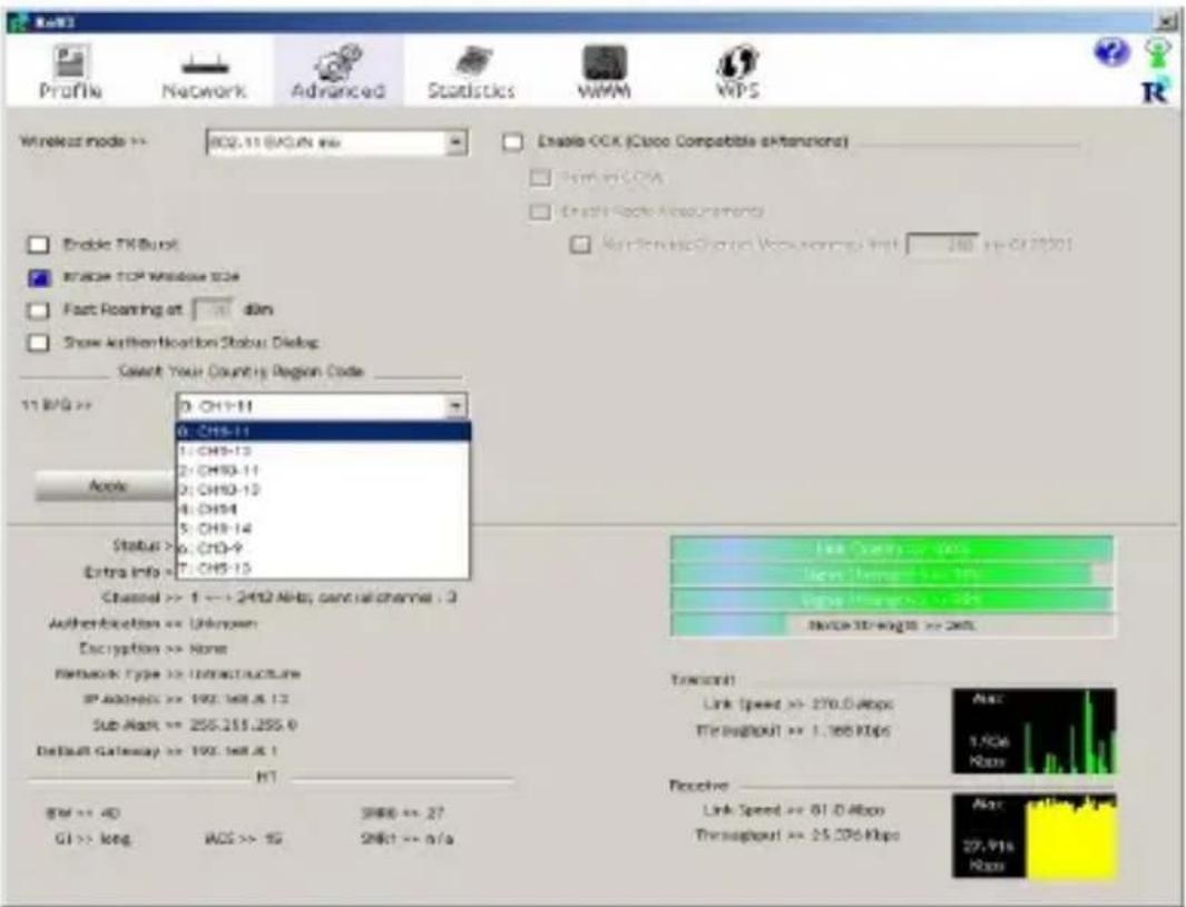 Profile Network Advanced Statistics WWW WPS Wireless node >: 802.11 (W)AN inc Enable OCK (Cisco Compatible eIntentions) Ener W/CCOS Enroll Rock Measurements Rerentek/Chang Vocuowang Intl 246 in-072901 Enable TX Burst Apache TCP Window S24 Fast Roaming at : dim Show Authentication Status Dialog Select Your Country Region Code 11 BPG >> 0: CH1-11 0: CH3-11 1: CH3-13 2: CH3-11 3: CH3-13 4: CH34 5: CH3-14 6: CH3-9 7: CH3-15 Status >: Extra Info >: Channel >> 1 -> 2402 MHz; central channel : 3 Authentication >= Unknown Encryption >= None Network Type >= Infrastructure IP Address >= 190.168.8.12 Sub Mask >= 255.255.255.0 Default Gateway >= 190.168.8.1 HT Befi <= 40 GI >> long AOS >> 1G S888 <= 27 S881 <= n/a Line Speed >= 200 Line Length >= 100 Line Width >= 0.5 Line X3-wg 00 -> 240. Transcort Link Speed >= 270.0 Mbps Throughput >= 1.366 Kbps Acc 1.5Km None Receptive Link Speed >= 81.0 Mbps Throughput >= 25.276 Kbps Acc 27.91s None