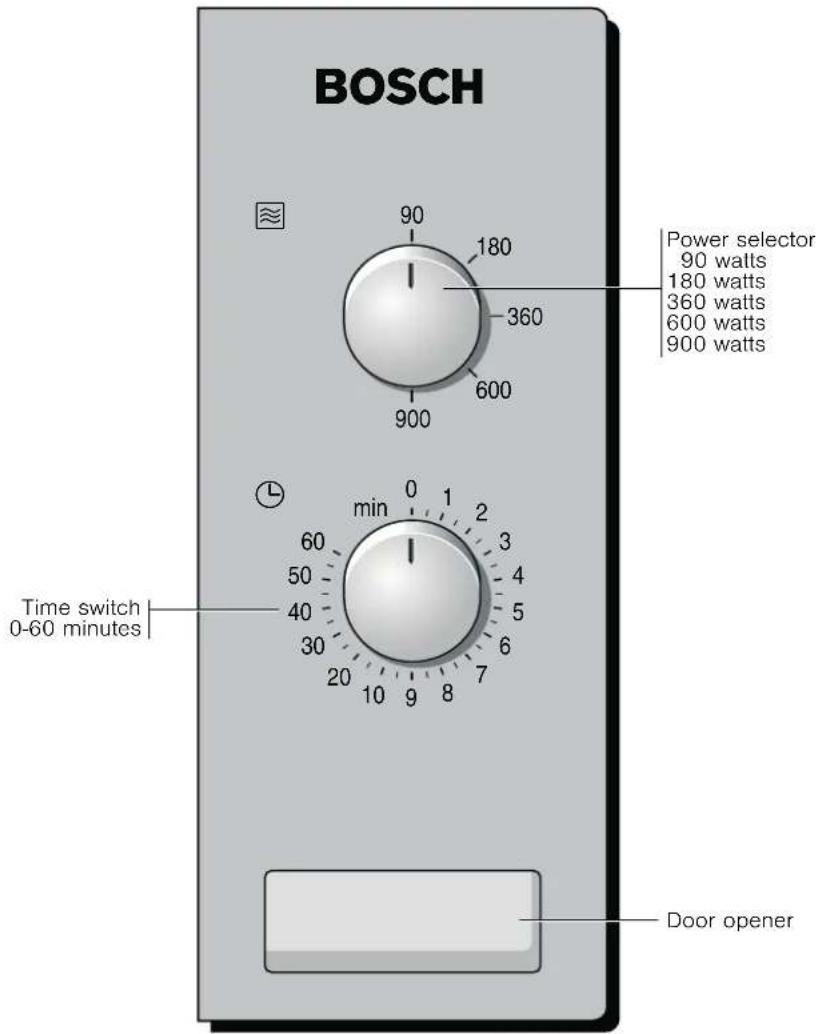 BOSCH 90 180 360 600 900 Power selector 90 watts 180 watts 360 watts 600 watts 900 watts Time switch 0-60 minutes min 0 1 2 60 3 50 4 40 5 30 6 20 7 10 8 9 10 Door opener