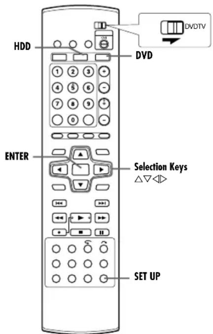 HDD DVD DVDTV ENTER Selection Keys △▽◀◀ SET UP