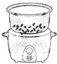 Line drawing of a rice cooker with food inside, no text or symbols present
