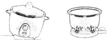 Line drawings of two cooking pots: a rice cooker and a stovetop (no text or symbols)