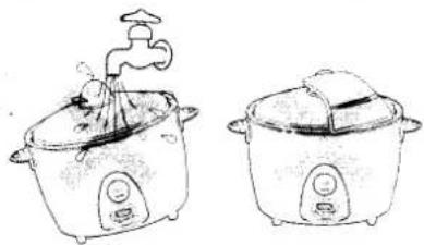 Illustration of two rice cooker designs, one with a faucet and water drop, the other with a lid (no text or symbols)