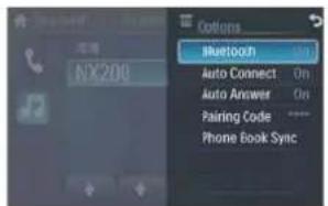 Options Bluetooth On Auto Connect On Auto Answer On Pairing Code ---- Phone Book Sync