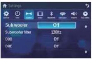 Settings Sub woofer Off Subwoofer filter 120Hz DBB Off DRC Off