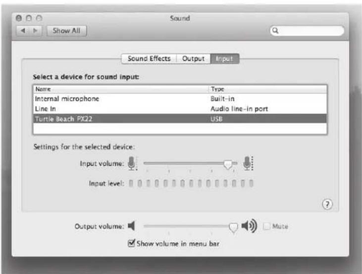 Sound Show All Sound Effects Output Input Select a device for sound input: Name Type Internal microphone Built-in Line In Audio line-in port Turtle Beach PX22 USB Settings for the selected device: Input volume: Input level: Output volume: Mute Show volume in menu bar