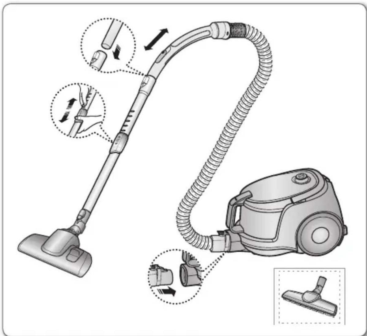 Diagram illustrating the working principle of a vacuum cleaner, showing how to adjust the handle and grip with labeled parts.