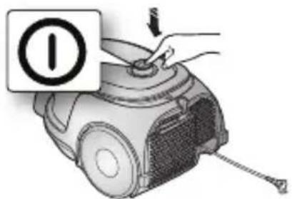 Diagram showing a hand operating a vacuum cleaner with a circular warning symbol and pointer, indicating action or inspection.