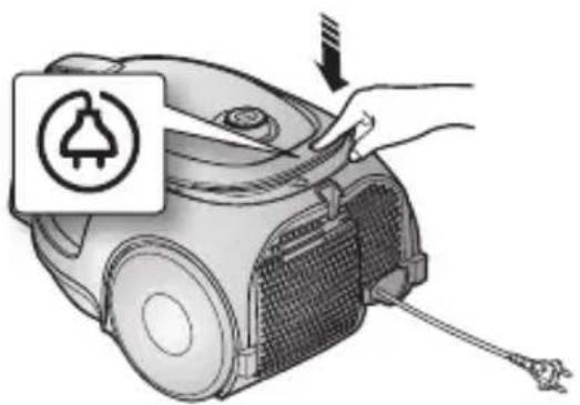 Diagram showing a hand using a vacuum cleaner to connect plug-in cable, with a warning symbol indicating the process.