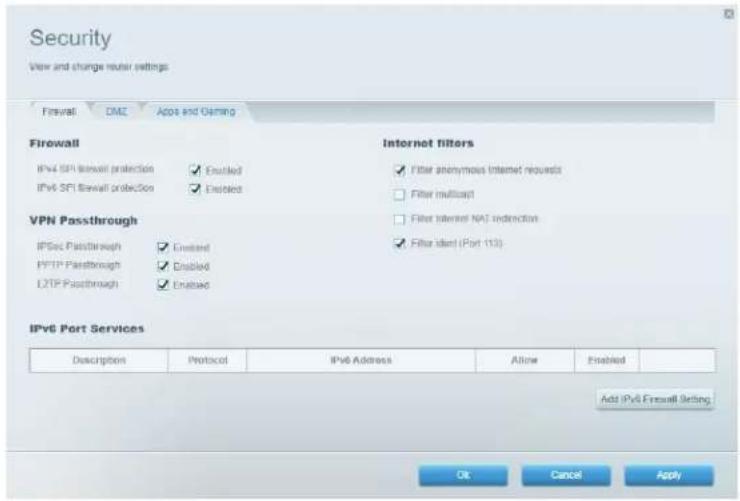 Security View and change router settings Firewall DMZ Apps and Gaming Firewall IPv4 SPI firewall protection Enabled IPv6 SPI firewall protection Enabled Internet filters Filter anonymous Internet requests Filter multicast Filter Internet NAS instruction Filter ident (Port 113) VPN Passthrough IPSec…