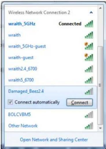 Wireless Network Connection 2 wraith_5GHz Connected wraith wraith_5GHz-guest wraith-guest wraith2.4_6700 wraith5_6700 Damaged_Beez2.4 Connect automatically Connect 8OLCVBM5 Other Network Open Network and Sharing Center