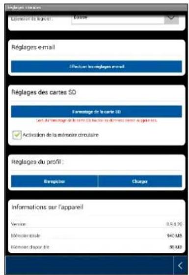 Réglages e-mail Effectuer les réglages e-mail Réglages des cartes SD Formatage de la carte SD Leu du développement de la carte 32 locales des documents sont aux comptes. Activation de la mémoire circulaire Réglages du profil : Burgaine Charger informations sur l'appareil Version: 8.9.4.20 Mémoire locale: 940 MB Mémoire disponible: 98 MB