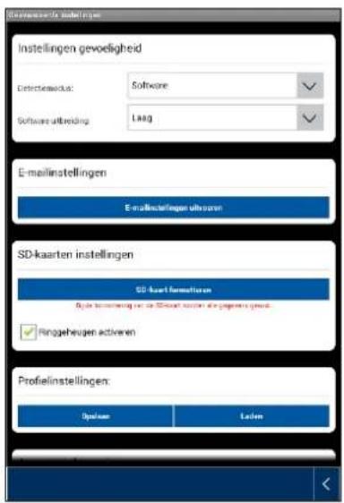 Instellingen gevoeligheid Detektiewindus: Software Software uitbreiding: Laag E-mailinstellingen E-mailinstellingen uitkruver SD-kaarten instellingen SD-kaart formellen Ringsgeheugen activyen Profielinstellingen: Opium Laden