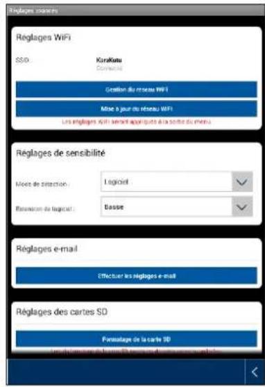 Réglages financiers Réglages WiFi SSD Korakatu Contrôle Gestion du réseau WiFi Mise à jour du réseau WiFi Les réglages WiFi sont appliqués à la sortie du menu Réglages de sensibilité Meet de sélection : Logiciel Rémation de logiciel : Besse Réglages e-mail Effectuer les réglages e-mail Réglages des cartes SD Fernatage de la carte SD Lauf du terrain de la route de la société de la vente