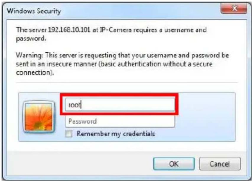 Windows Security The server 192.168.10.101 at IP-Camera requires a username and password. Warning: This server is requesting that your username and password be sent in an insecure manner (basic authentication without a secure connection). root Password Remember my credentials OK Cancel