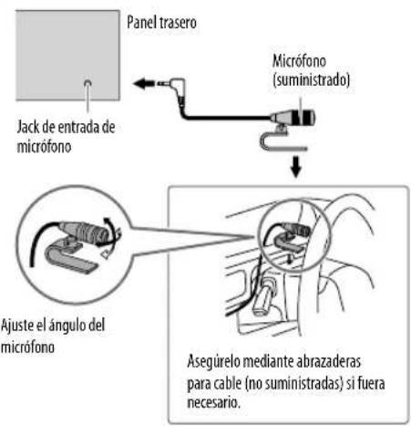 Panel trasero Jack de entrada de micrófono Microfono (suministrado) Ajuste el ángulo del micrófono Asegúrelo mediante abrazaderas para cable (no suministradas) si fuera necesario.