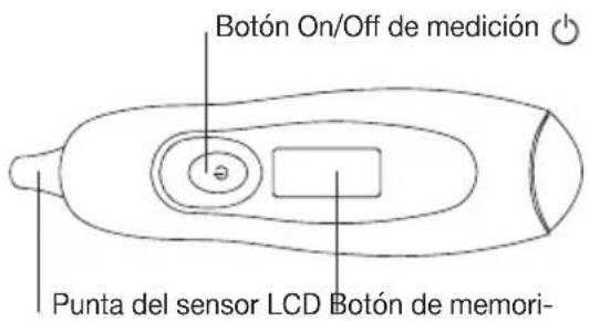 Botón On/Off de medición Punta del sensor LCD Botón de memori-