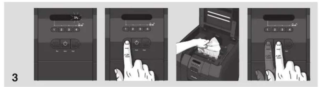 Illustration showing four steps of a hand inserting a cleaning machine into a device, with control panel and mode dial visible.
