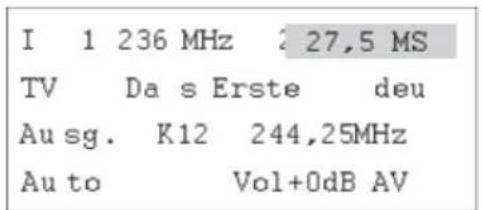 I 1 236 MHz 27,5 MS TV Da s Erste deu Ausg. K12 244,25MHz Auto Vol+0dB AV