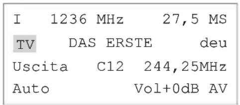 I 1236 MHz 27,5 MS TV DAS ERSTE deu Uscita C12 244,25MHz Auto Vol+0dB AV