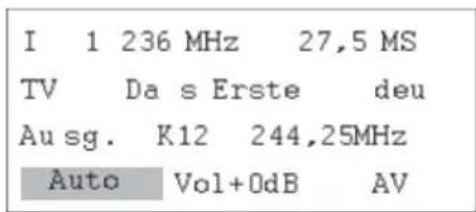 I 1 236 MHz 27,5 MS TV Da s Erste deu Ausg. K12 244,25MHz Auto Vol+0dB AV
