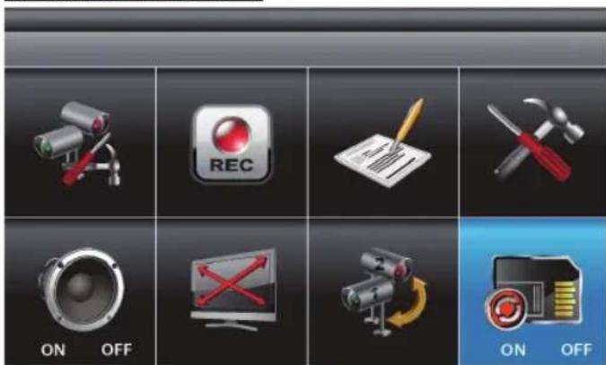 Screenshot of a software interface with icons for camera, recording, editing, and security tools labeled ON/OFF.