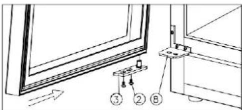 Technical diagram showing window frame installation with numbered components and directional arrow