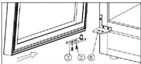 Technical diagram showing window frame installation with numbered components and directional arrow