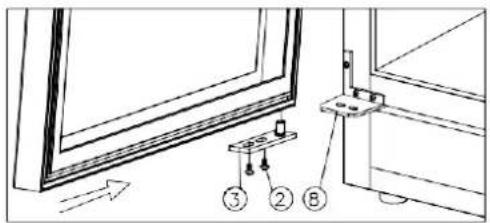 Technical diagram showing window frame installation with numbered components and directional arrow