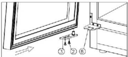 Technical diagram showing a window mounted on an electrical bracket with numbered components labeled ②, ③, and ⑧.