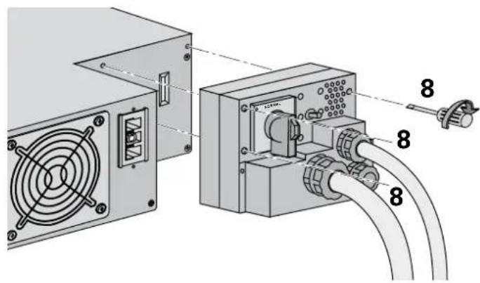 Technical diagram showing installation of a power supply unit with labeled components and cable routing