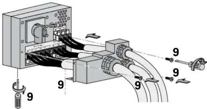 Technical diagram of an electrical switchgear with labeled components and wiring connections