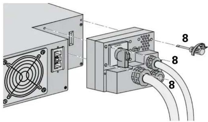 Technical diagram showing installation of a power supply unit with labeled components and cable routing