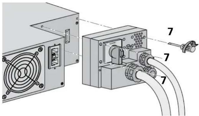 Technical diagram showing installation of a power supply unit with labeled components and cable routing