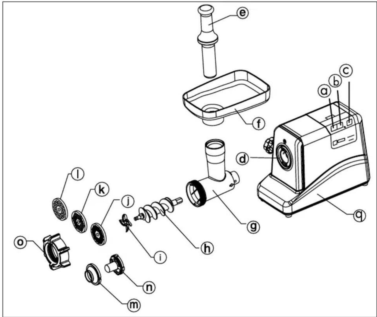 Exploded view diagram of a kitchen appliance with numbered parts for identification