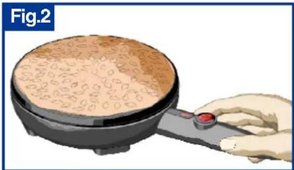 Illustration of a hand using a pan to press food on a stand, no text or symbols present