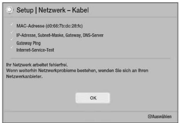 Setup | Netzwerk - Kabel MAC-Adresse (d0:66:7b:dc:28:fc) IP-Adresse, Subnet-Maske, Gateway, DNS-Server Gateway Ping Internet-Service-Test Ihr Netzwerk arbeitet fehlerfrei. Wenn weiterhin Netzwerkprobleme bestehen, wenden Sie sich an Ihren Netzwerkanbieter. OK ©Auswählen