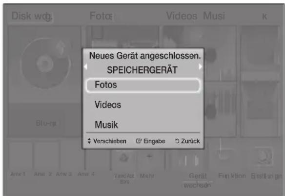 Neues Gerät angeschlossen. SPEICHERGERÄT Fotos Videos Musik Verschieben Eingabe Zurück