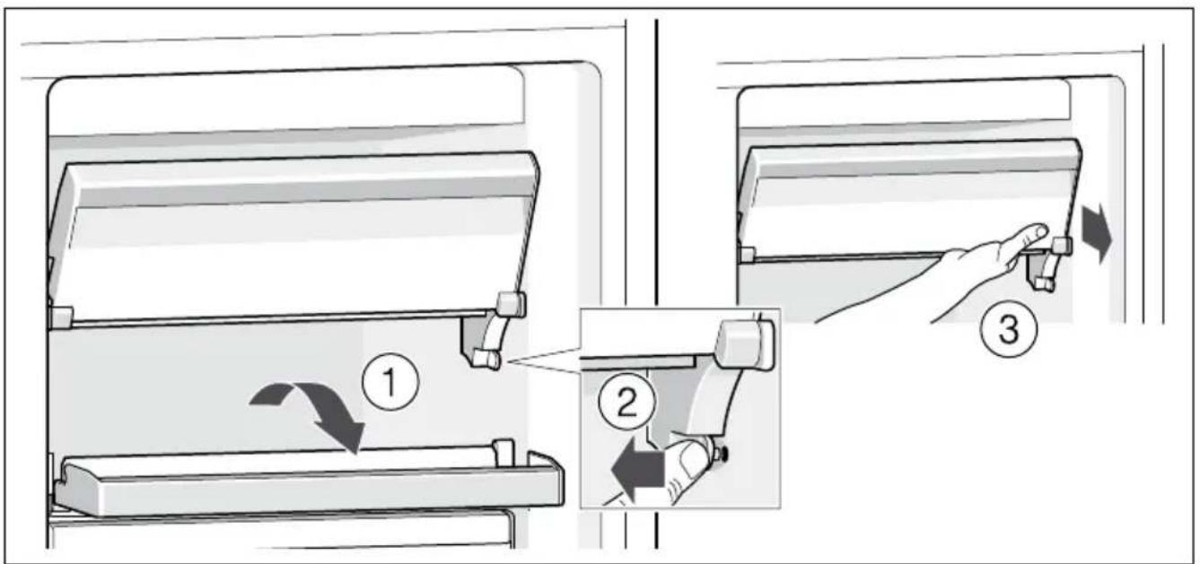 Diagram illustrating a mechanical device operation with labeled steps 1, 2, and 3 showing a hand pressing a component.
