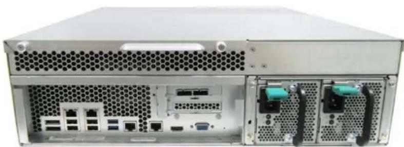 Front view of a server rack with multiple ports and ventilation grilles (no visible text or labels)