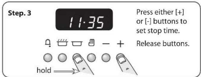 Step. 3 11:35 Press either (+) or (-) buttons to set stop time. Release buttons. hold