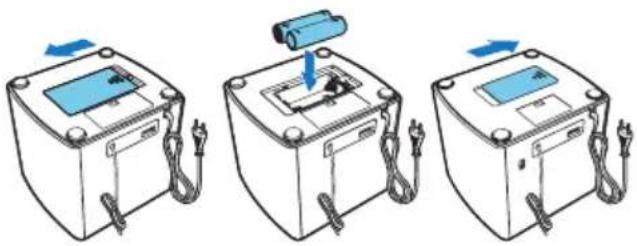 Three-step diagram showing a battery charging setup with a digital display and power cord (no text or symbols)