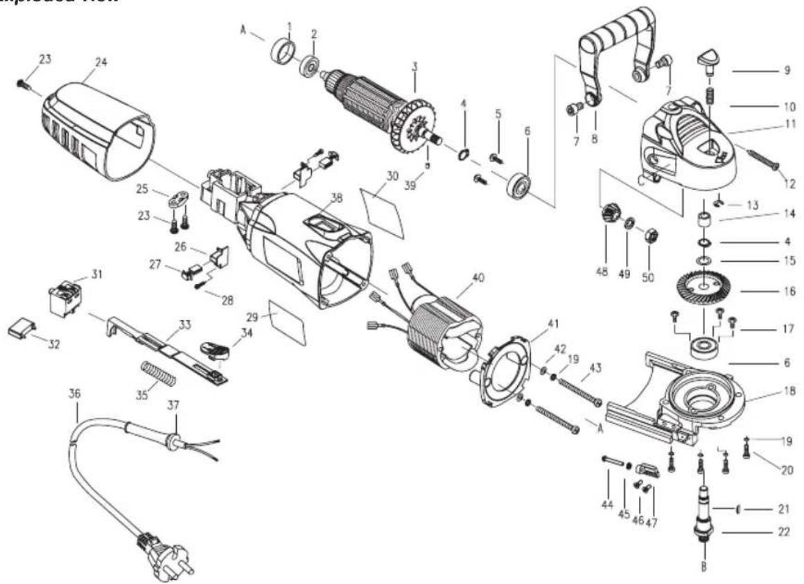 Exploded view diagram of an electric motor assembly with numbered parts for identification