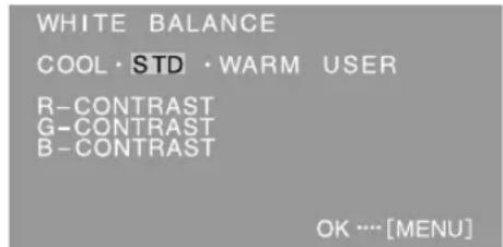 WHITE BALANCE COOL·STD·WARM USER R-CONTRAST G-CONTRAST B-CONTRAST OK … [MENU]