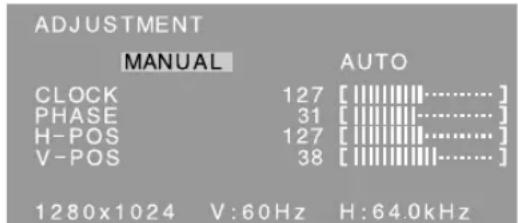 ADJUSTMENT MANUAL AUTO CLOCK 127 [|||||||||......] PHASE 31 [|||||||||......] H-POS 127 [|||||||||......] V-POS 38 [|||||||||......] 1280x1024 V:60Hz H:64.0kHz