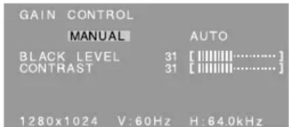 GAIN CONTROL MANUAL AUTO BLACK LEVEL 31 [||||||||......] CONTRAST 31 [||||||||......] 1280x1024 V:60Hz H:64.0kHz