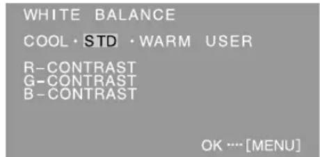 WHITE BALANCE COOL·STD·WARM USER R-CONTRAST G-CONTRAST B-CONTRAST OK … [MENU]