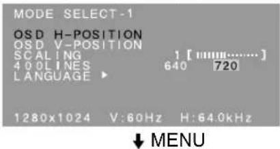 MODE SELECT-1 OSD H-POSITION OSD V-POSITION SCALING 1 [10000......] 4 00 L INES 640 720 LANGUAGE ▶ 1280x1024 V:60Hz H:64.0kHz ↓ MENU